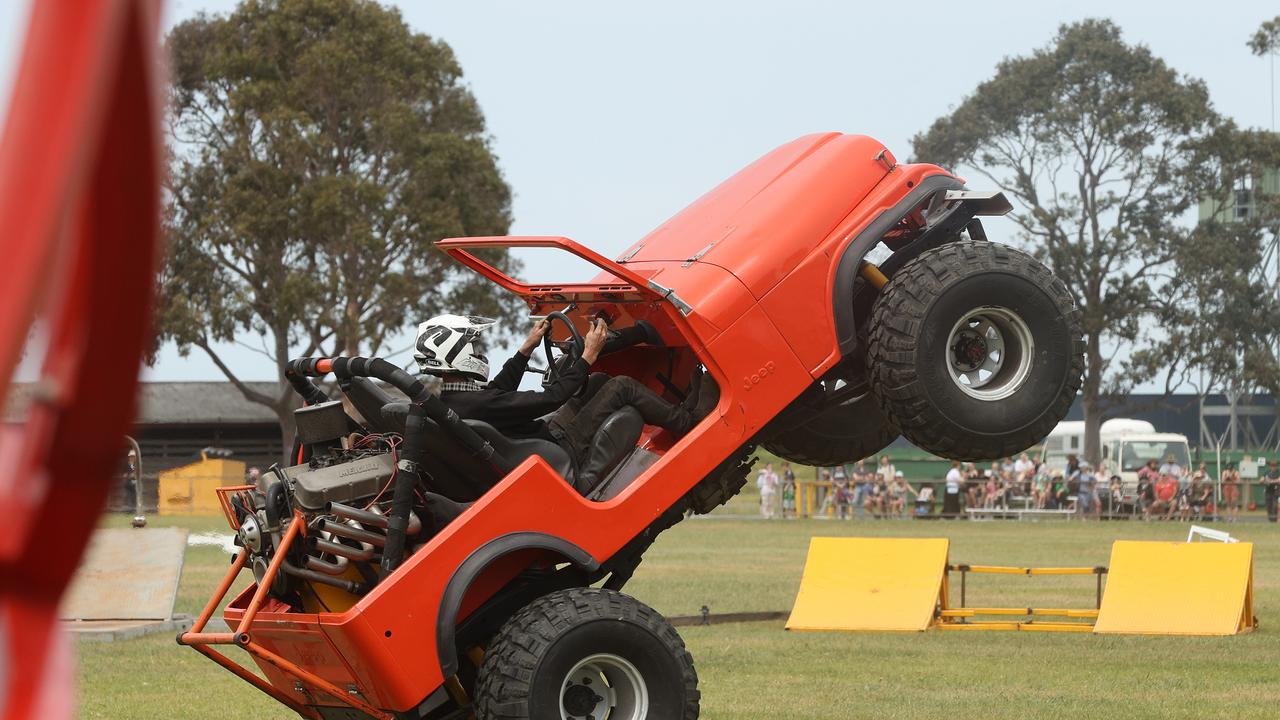 A four wheel drive showing off two wheel talent at the Geelong Show. Picture: Alison Wynd