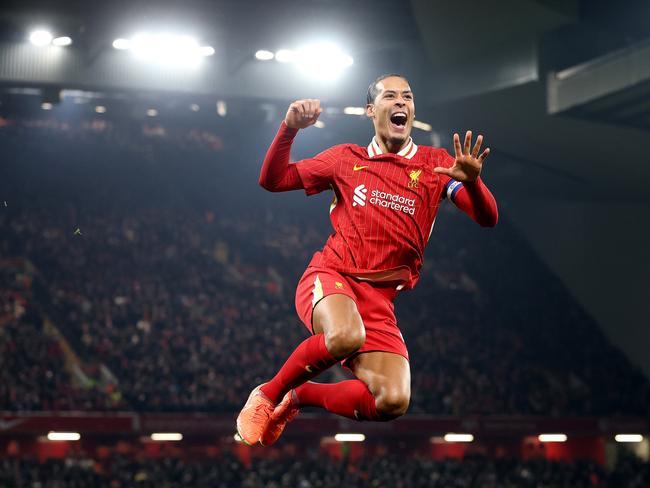 Virgil van Dijk celebrates scoring his team's fourth goal. Picture: Getty