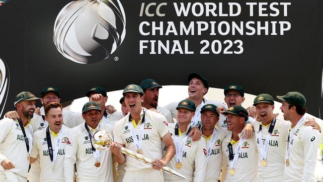 Pat Cummins lifts the ICC World Test Championship Mace after defeating India at The Oval in London, England. Picture: Getty Images