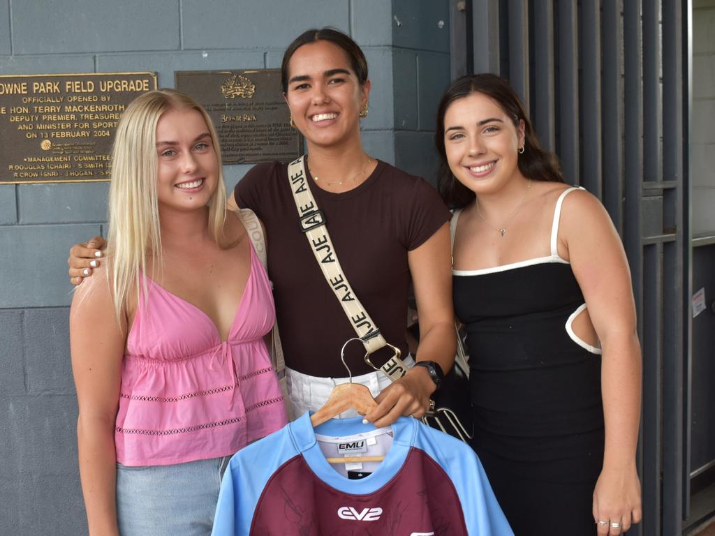 Kayleigh Broadwith, Renee Olliver and Nalani Shuker at the Capras menâ&#128;&#153;s and womenâ&#128;&#153;s season openers at Browne Park, Rockhampton, on March 11, 2023.