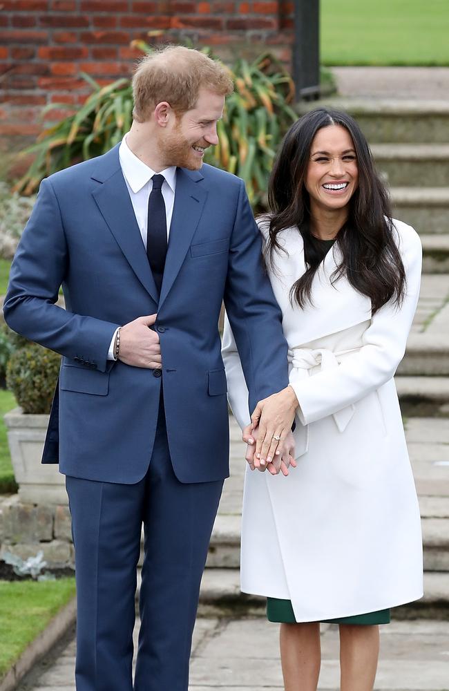 Prince Harry and Meghan Markle smiled during the announcement of their engagement to the world in 2017. Picture: Getty Images