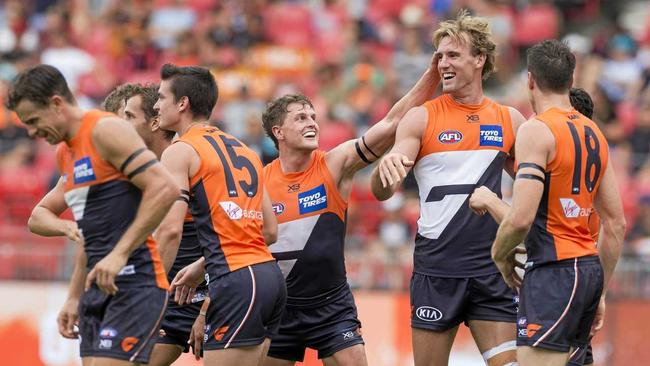 Lachlan Keeffe of the Giants kicks a goal during the Round 1 AFL match between the GWS Giants and Essendon Bombers at the Sydney Showgrounds Stadium, Sunday, March 24, 2019. (AAP Image/Craig Golding) NO ARCHIVING, EDITORIAL USE ONLY. Picture: CRAIG GOLDING