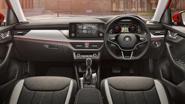 Inside the Skoda Kamiq Style, which includes an eight-inch touchscreen with Apple CarPlay and Android Auto, keyless entry and push button start.