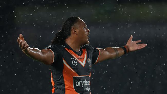 Luciano Leilua of the Tigers reacts during the NRL Trial Match between the Sydney Roosters and the Wests Tigers at Central Coast Stadium on February 25, 2022 in Gosford, Australia. (Photo by Ashley Feder/Getty Images)