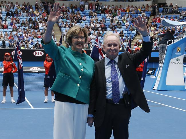 Margaret Court and Rod Laver wave during the official launch of the remodelled Margaret Court Arena in Melbourne. Picture: AP Photo/Vincent Thian