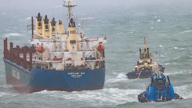 Bulk carrier Portland Bay is expected to reach Port Botany, with the assistance of tug boats, for repairs on Wednesday after a hairy 48 hours stranded off the NSW coast. Picture: Mark Sundin Images