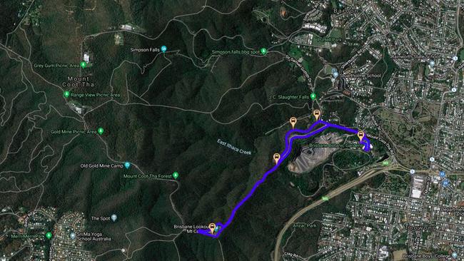 Google Maps image of the 480 Council bus (route in purple) and trail heads around Mt Coot-tha.