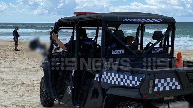 Emergency services called to the Spit, Main Beach after woman’s body found dead. Photo: 9 News Gold Coast