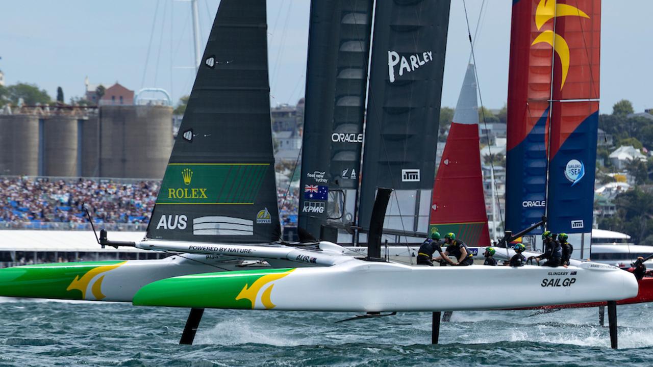 The Australia SailGP team involved in some tight racing in New Zealand.