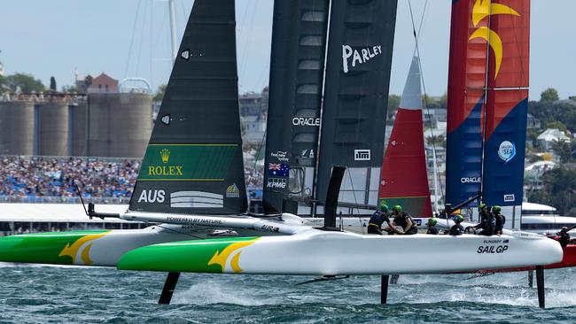 The Australia SailGP team involved in some tight racing in New Zealand.