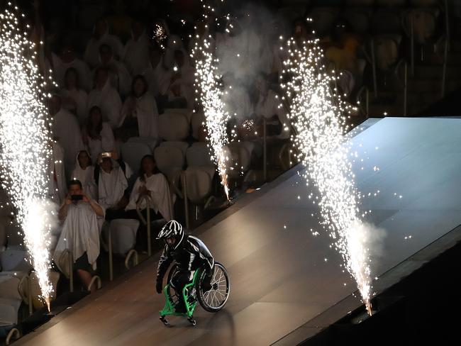 Aaron Wheelz rides off a ramp at the beginning of his incredible stunt.