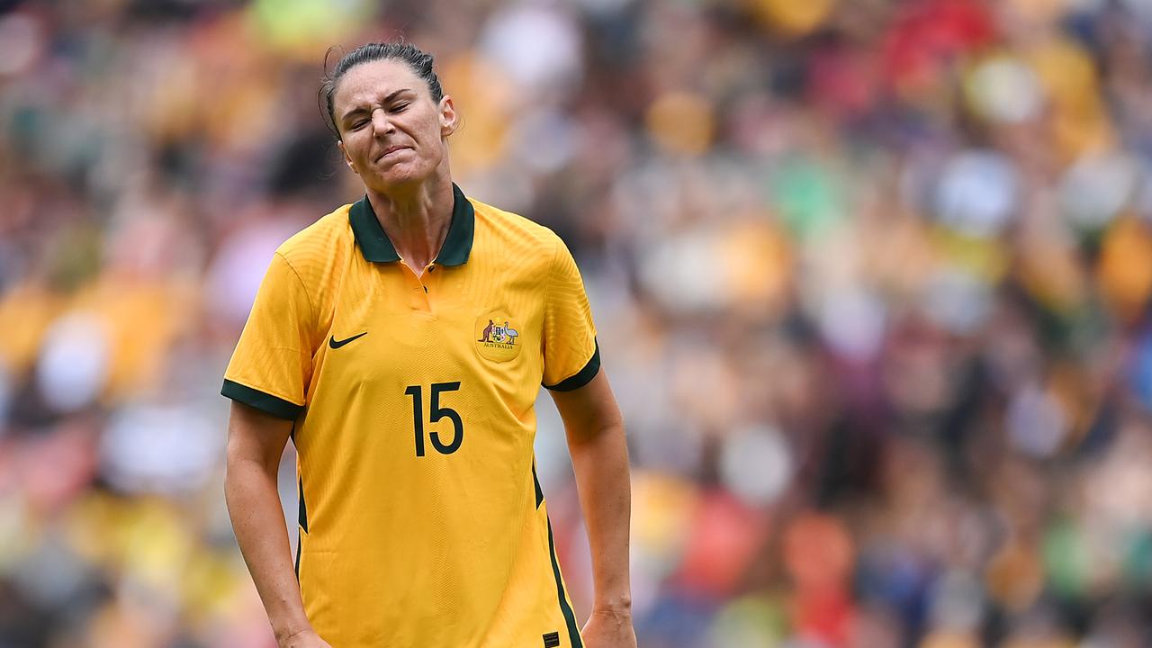 BRISBANE, AUSTRALIA - SEPTEMBER 03: Emily Gielnik of Australia reacts after a failed attempt on goal during the International Women's Friendly match between the Australia Matildas and Canada at Suncorp Stadium on September 03, 2022 in Brisbane, Australia. (Photo by Albert Perez/Getty Images)