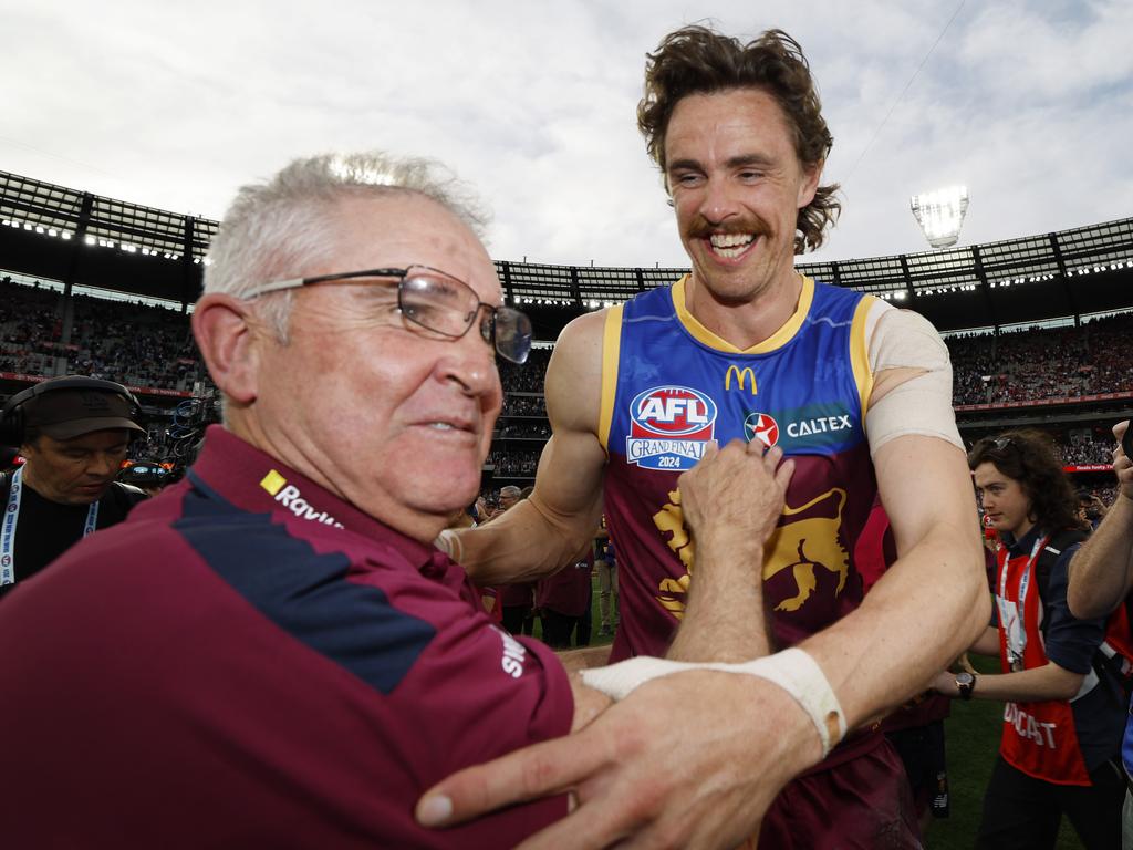 Joe Daniher with senior coach Chris Fagan after the final siren at the MCG. Picture: Michael Klein