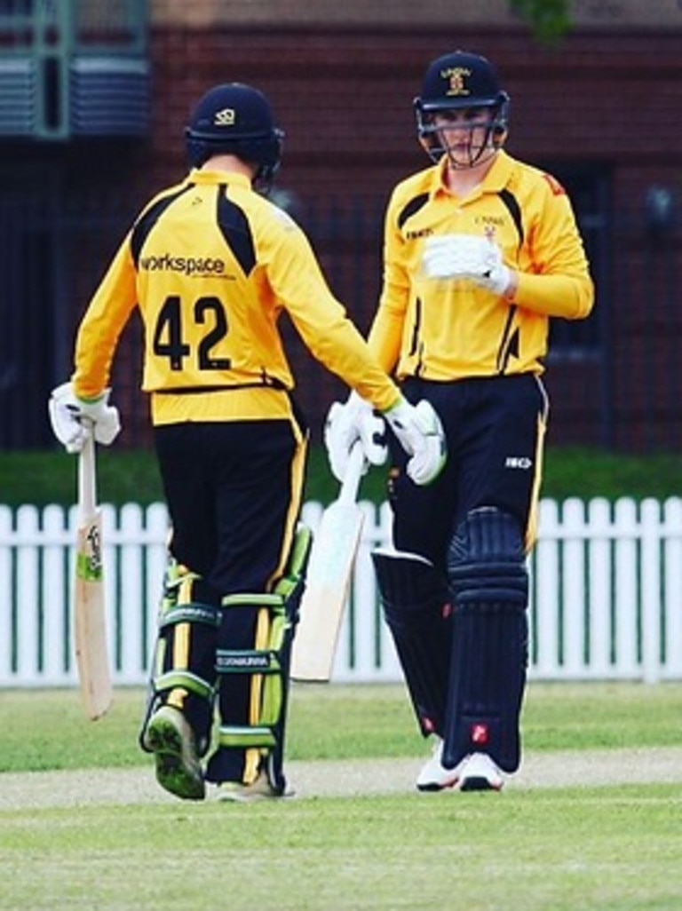 Harry Brook playing for UNSW in 2018/19, pictured alongside Sydney Thunder batter Matthew Gilkes.