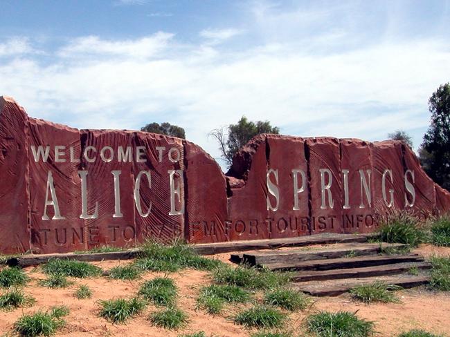 Gv of Alice Springs - showing the Welcome to Alice Springs sign. (Photo by Jeff Overs/BBC News & Current Affairs via Getty Images)