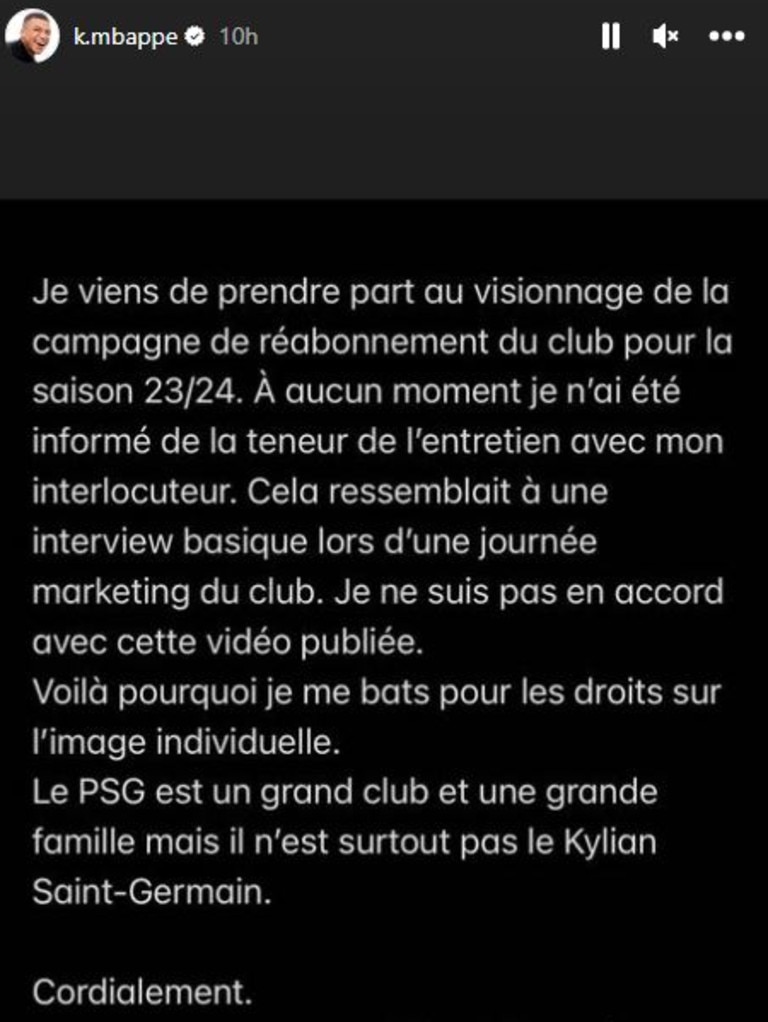 Kylian Mbappe put a statement out on his Instagram story.
