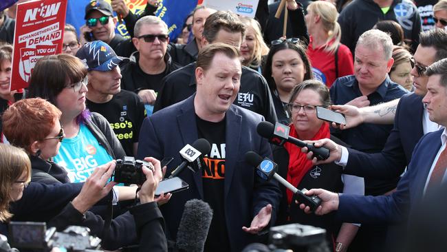 Victorian Trades Hall Council secretary Luke Hilakari speaks with the media. Picture: David Crosling