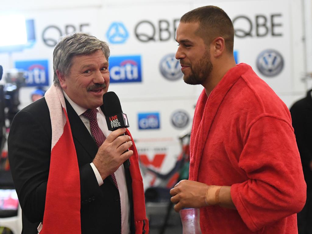 Commentator Brian Taylor (left) interviewing Lance Franklin as part of his ‘Roaming Brian’ segment Picture: AAP Image/Julian Smith