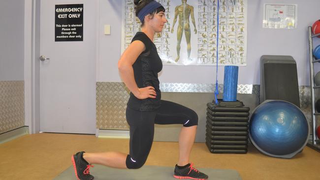 JUMPING LUNGES: Create a 90-degree angle with front leg. Knee no further forward than toe. Do a normal lunge (as above) and then jump with hands on hips at end. Push off both legs.