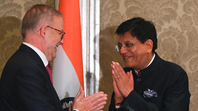 Anthony Albanese and Mr Goyal in Mumbai in 2023. Picture: AFP