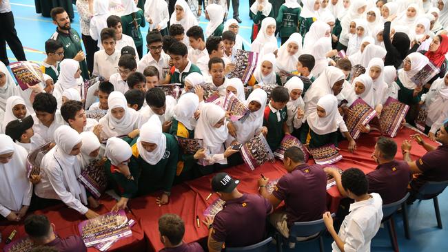 Broncos players visiting the Islamic College of Brisbane in 2019. Picture: Peter Wallis