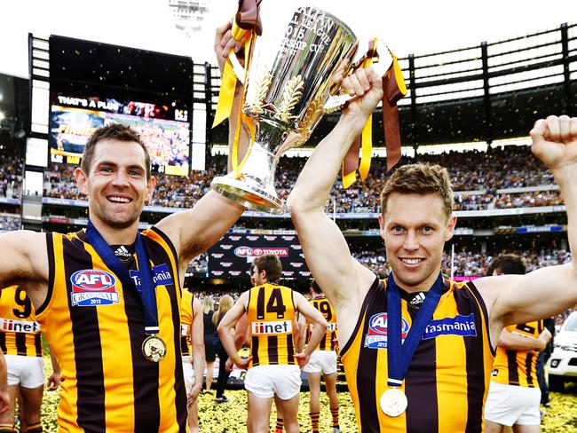 The 2015 AFL Grand Final at the MCG between the West Coast and Hawthorn AFLGF2015. Luke Hodge of Hawthorn and Sam Mitchell of Hawthorn celebrate.   Picture: Michael Klein