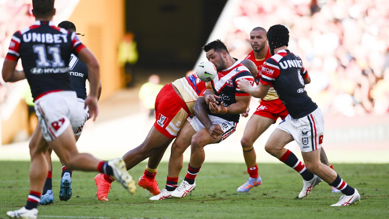 Felise Kaufusi produces a monster hit on Brandon Smith. Picture: NRL Imagery.