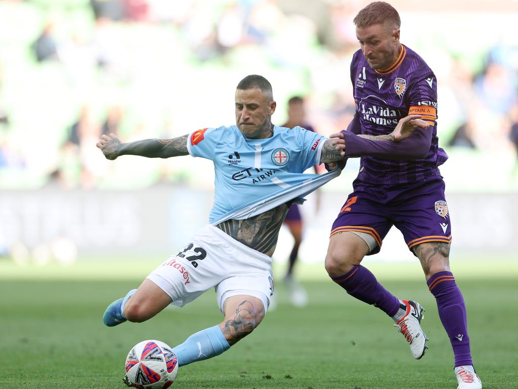 German Ferreyra of Melbourne City and Adam Taggart of Perth Glory contest the ball during the round 19 A-League Men match between Melbourne City and Perth Glory at AAMI Park, on February 15, 2025, in Melbourne, Australia. (Photo by Daniel Pockett/Getty Images)