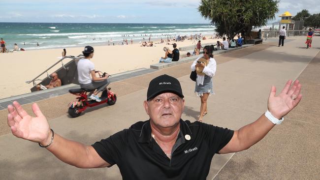 Surfers Paradise residents like Telly Karadimos are calling on council to divide pathways, one side for scooters and bikes and the other side for pedestrians. Picture Glenn Hampson