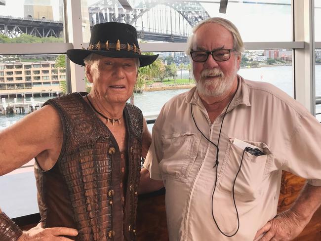 Paul Hogan on set of the tourism ad with Oscar-winning cinematographer Russell Boyd. Picture: Twitter/@australia