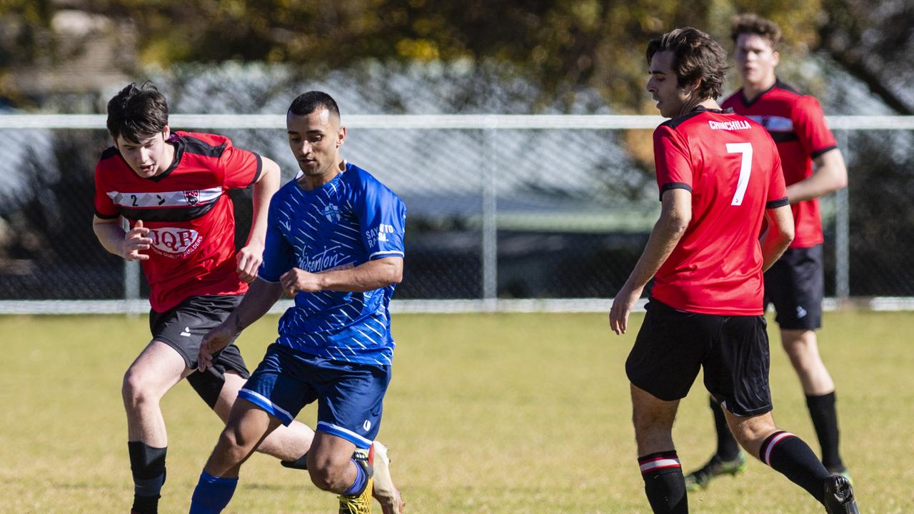 Harry Beeton (left) of Chinchilla Bears and Rockville Rovers player Tahssin Al Qaso in Div 1 Men FQ Darling Downs Presidents Cup football at West Wanderers, Sunday, July 24, 2022. Picture: Kevin Farmer