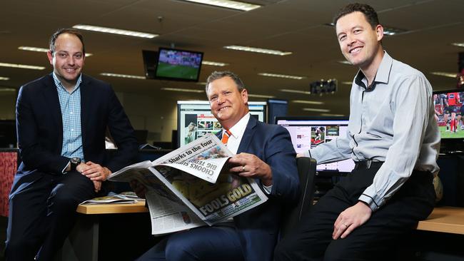 Senior sports reporter David Riccio, Monday Bunker host Tim Gilbert and The Daily Telegraph’s sports editor James Silver. Picture: Tim Hunter.