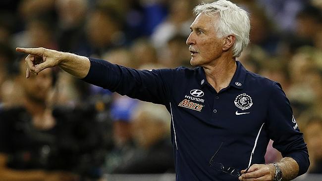 Carlton coach Mick Malthouse directs traffic from the boundary line. Picture: Michael Klein