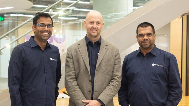 Kale Needham, chief executive and founder of SpiralData, centre, with members of the team at Tonsley, chief data scientist Ram Balachandran, left, and chief technology officer Chris Jansz. Picture: Supplied