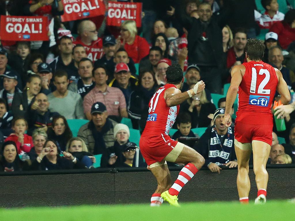 Adam Goodes was getting booed but there was no way he was going to hide his culture. The racist trolls kept coming for him but the AFL superstar always took the high road. This moment during an Indigenous Round clash against Carlton in 2015 showed he wasn’t going to back down. Performing a traditional war dance after slamming home a goal, Goodes wanted everyone to know how proud he was of his heritage. Picture: Phil Hillyard.