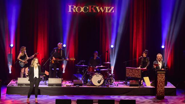 RocKwiz Salutes Adelaide – hosts Julia Zemiro and Brian Nankervis with the RocKwiz house band. Picture: Claudio Raschella.