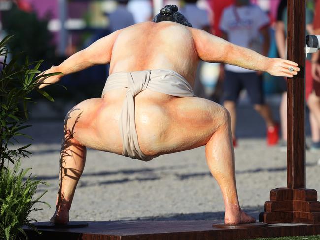 Horses appeared to be ‘spooked’ during the equestrian event at the Tokyo Olympics by a giant sumo wrestler. Picture: Getty Images