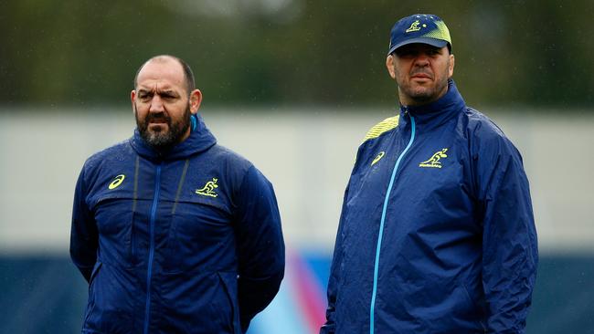 (L-R) Former Wallabies forwards coach Mario Ledesma and Michael Cheika. Picture: Getty Images