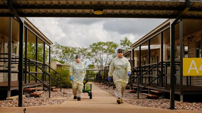 AUSMAT staff conduct a Swabbing run at a PPE drill at the NCCTRCA/AUSMAT sections of the Howard Springs coronavirus quarantine Centre on Darwin's outskirts. Picture: GLENN CAMPBELL via NCA NewsWire