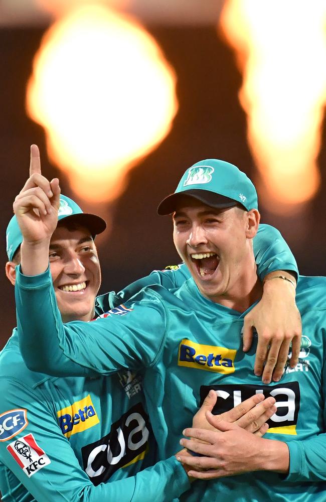 Tom Banton and Matthew Renshaw celebrate their controversial catch. Picture: AAP