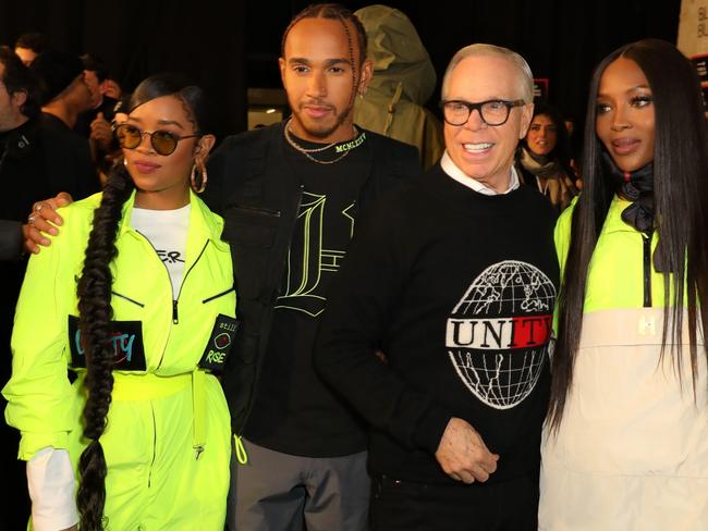 H.E.R., Lewis Hamilton, Tommy Hilfiger and Naomi Campbell, backstage at Tate Modern. Picture: Getty Images for Tommy Hilfiger