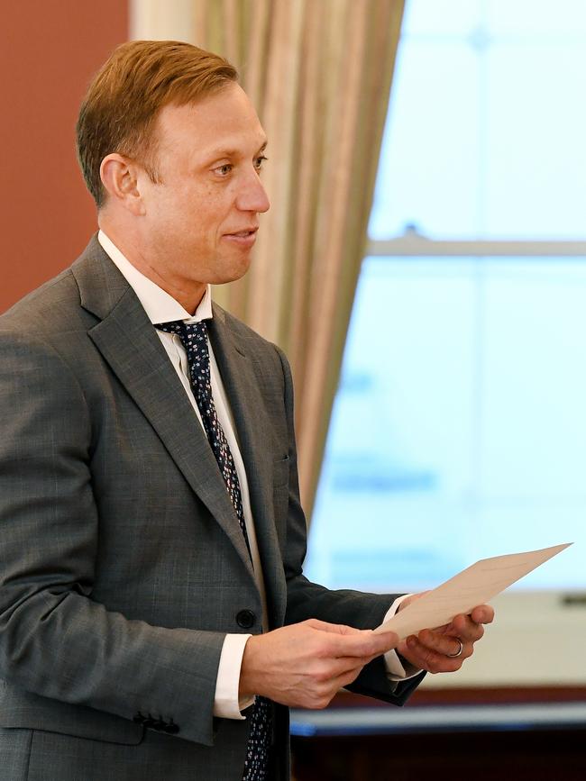 Steven Miles swears in as the Queensland Deputy Premier at Government House in Brisbane, Monday, May 11. (AAP Image/Dan Peled)