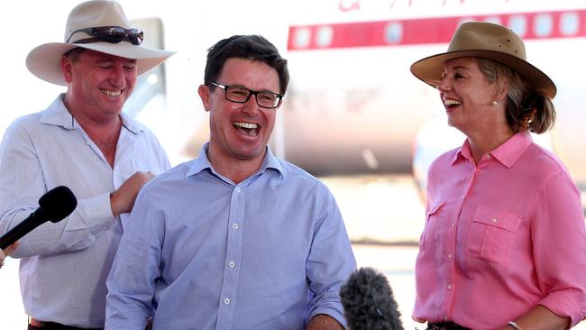 Deputy PM Barnaby Joyce, David Littleproud and Deputy Nationals Leader Senator Bridget McKenzie in Longreach yesterday. Picture: Kym Smith