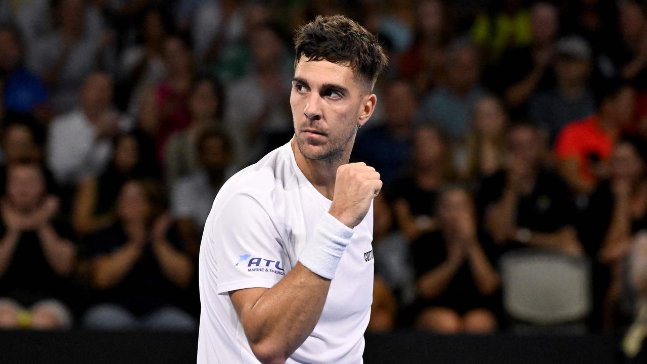 Australia's Thanasi Kokkinakis reacts during his men's singles match against countryman Rinky Hijikata at the Brisbane International tennis tournament in Brisbane on January 2, 2024. (Photo by William WEST / AFP) / --IMAGE RESTRICTED TO EDITORIAL USE - STRICTLY NO COMMERCIAL USE--