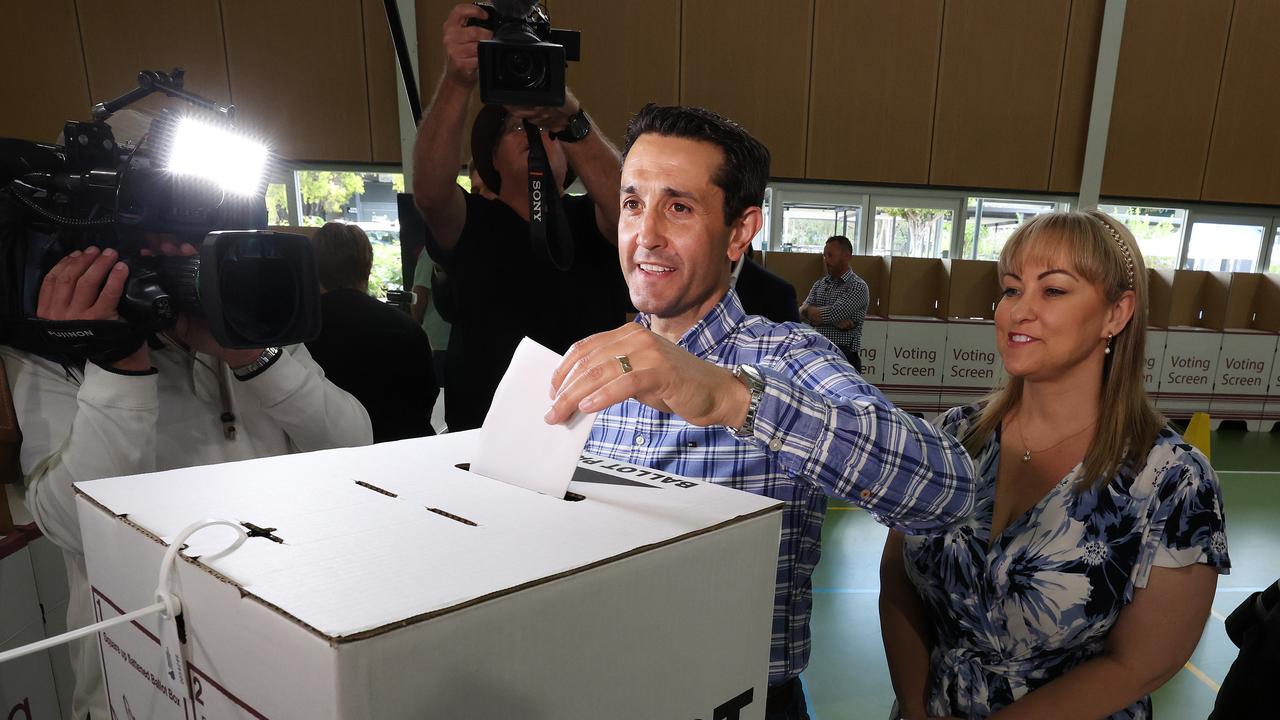 Leader of the Opposition David Crisafulli with wife Tegan, voting at Springwood State High School. Picture: Liam Kidston