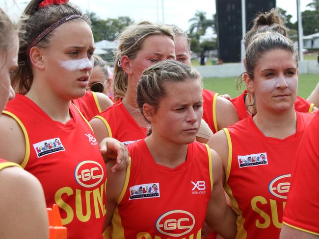 Ellie Hampson (left), Kate Surman (middle) and Maddy Roberts (right) during the break of Gold Coast’s loss to Brisbane in the second 2019 QW Winter Series game at Great Barrier Reef Arena on Sunday, June 22. Picture: Supplied.