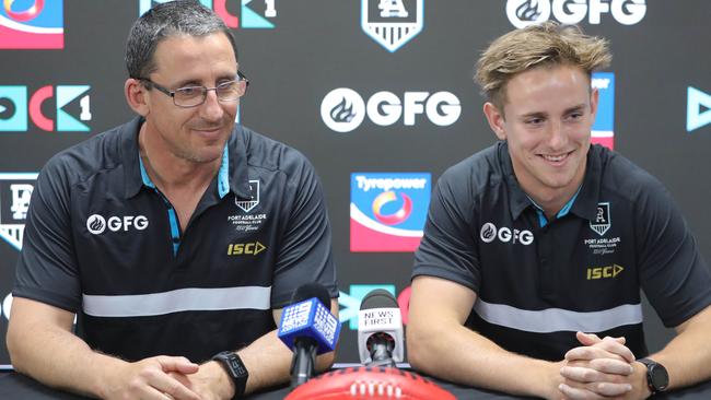 Darren Mead and son Jackson after he was selected by Port Adelaide as a father-son pick in 2019. Picture: Russell Millard/AAP