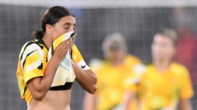 Sam Kerr of Australia reacts after China score the opening goal during the Women's Olympic Tokyo 2020 Asian Qualifiers match between Australia and China at Bankwest Stadium in Sydney, Thursday, February 13, 2020. (AAP Image/Dean Lewins) NO ARCHIVING, EDITORIAL USE ONLY