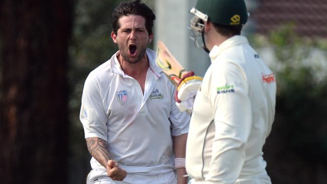 Jae Delcus celebrates a wicket for Lalor Warriors. Picture: Chris Eastman