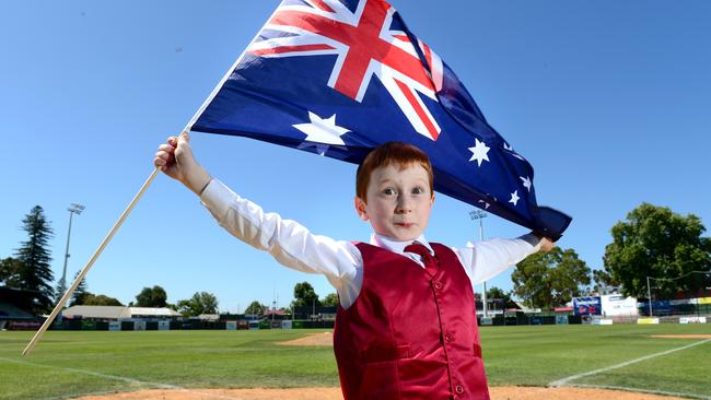 Ethan kept singing the national anthem at the Adelaide Bite game — despite his hiccups. Picture: Tricia Watkinson